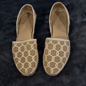 Jimmy Choo Off White Canvas Espadrille Flats with White Lattice Design